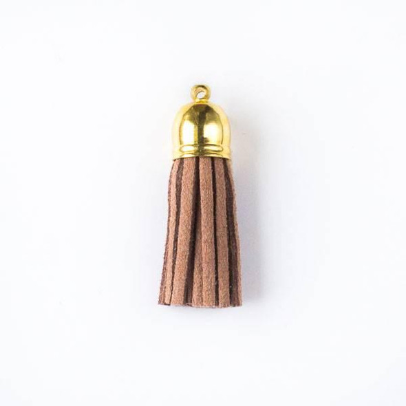 Cherry Tree Beads Mocha Brown/Tan Microsuede 1.5" Tassel with a Gold Pewter Bead Cap - 1 piece