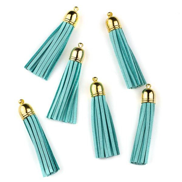 Aqua Blue Microsuede 2.25" Tassel with a Gold Pewter Bead Cap - 6 per bag