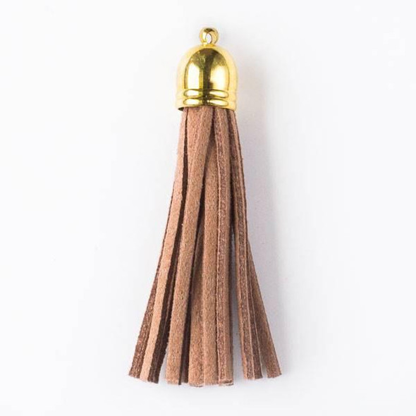 Cherry Tree Beads Mocha Brown/Tan Microsuede 2.25" Tassel with a Gold Pewter Bead Cap - 1 piece