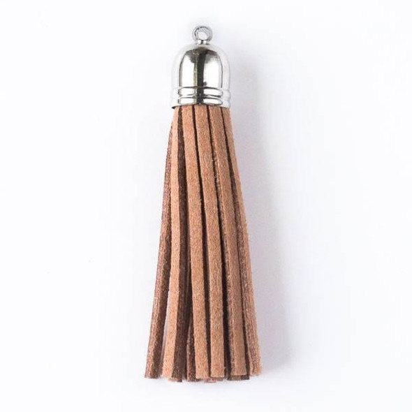 Cherry Tree Beads Mocha Brown/Tan Microsuede 2.25" Tassel with a Silver Pewter Bead Cap - 1 piece