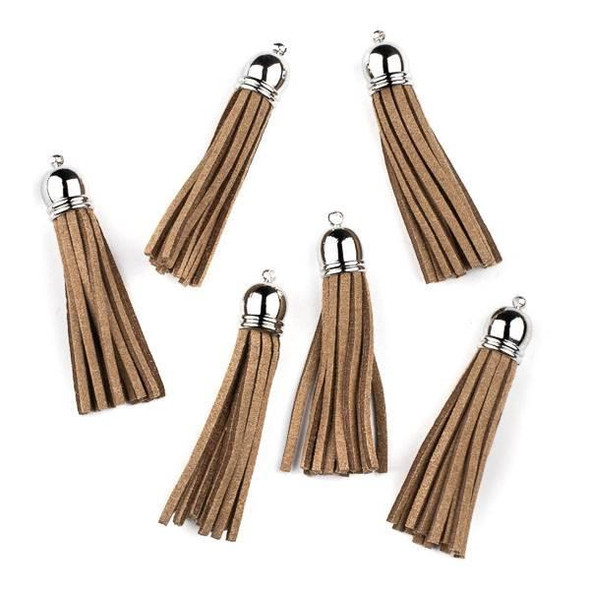 Cherry Tree Beads Mocha Brown/Tan Microsuede 2.25" Tassel with a Silver Pewter Bead Cap - 6 per bag