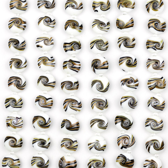 Cherry Tree Beads Handmade Lampwork Glass 16mm White Coin Beads with Black and Gold Glitter Swirls