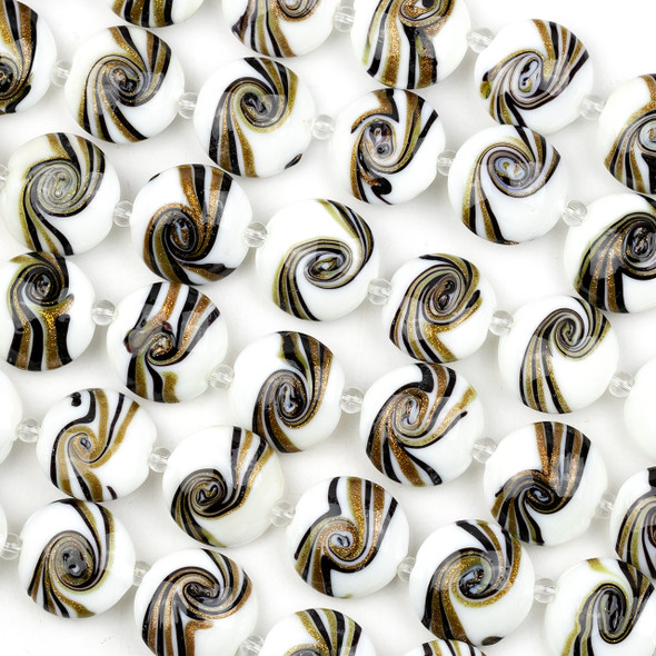 Cherry Tree Beads Handmade Lampwork Glass 16mm White Coin Beads with Black and Gold Glitter Swirls