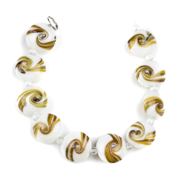 Handmade Lampwork Glass 16mm White Coin Beads with Caramel and Gold Glitter Swirls