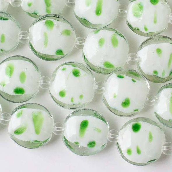 Handmade Lampwork Glass 16mm White Coin Beads with Light Green Spots