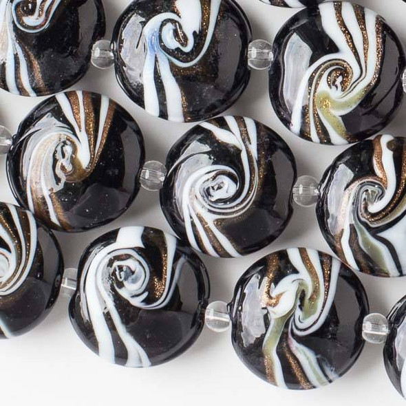 Handmade Lampwork Glass 20mm Black Coin Beads with White and Gold Swirls