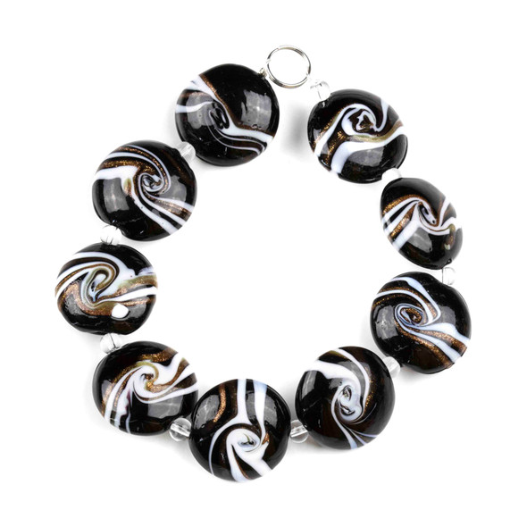 Handmade Lampwork Glass 20mm Black Coin Beads with White and Gold Swirls