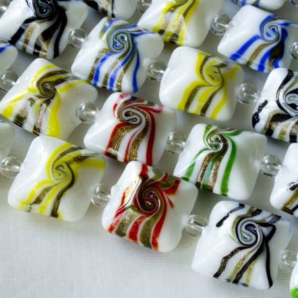 Handmade Lampwork Glass Mix of 15mm White Convex Squares with Various Colored Swirls