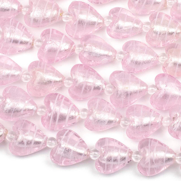 Handmade Lampwork Glass 15mm Pink Heart Beads with Pink Stripes