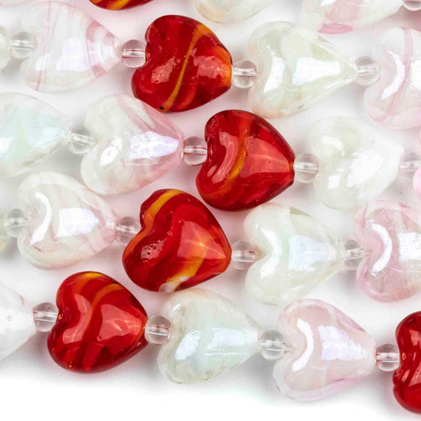 Cherry Tree Beads Handmade Lampwork Glass 16mm alternating Red, White, and Pink Swirled Heart Beads 