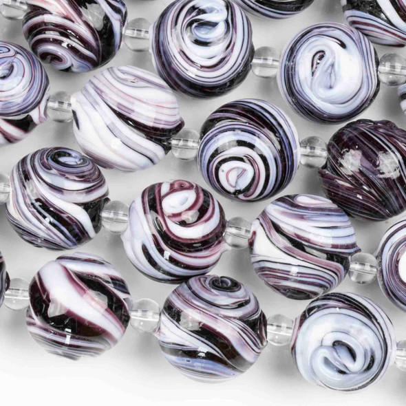 Cherry Tree Beads Handmade Lampwork Glass 14mm Dark Purple and White Swirled Round  Cherry Tree Beads Handmade Lampwork Glass 14mm Dark Purple and White Swirled Round