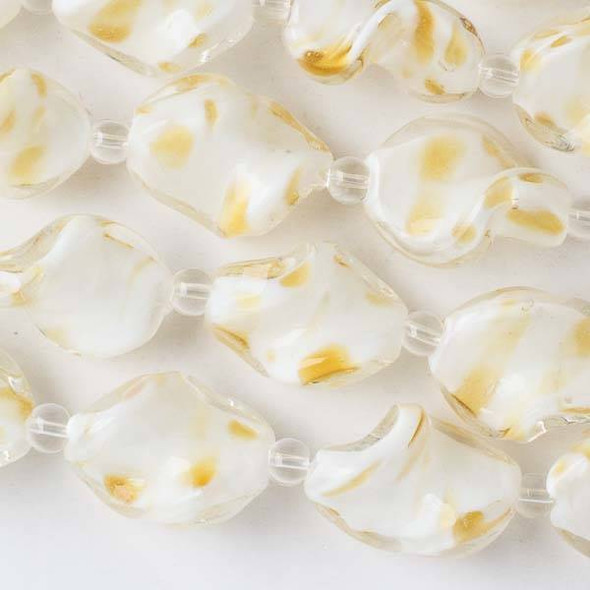 Handmade Lampwork Glass 15x20mm White Twisted Oval Beads with Caramel Yellow Spots