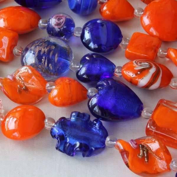 Cherry Tree Beads Mixed Handmade Lampwork Glass Strand - Orange and Cobalt Mix  Cherry Tree Beads Mixed Handmade Lampwork Glass Strand - Orange and Cobalt Mix