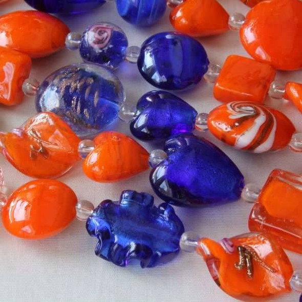 Mixed Handmade Lampwork Glass Strand - Orange and Cobalt Mix