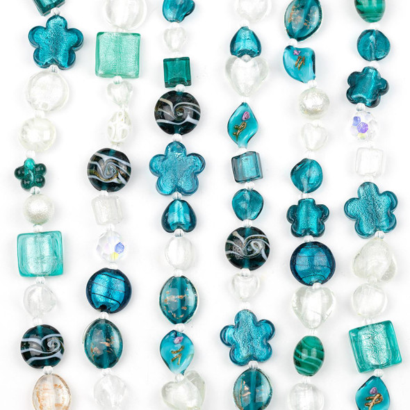 Cherry Tree Beads Mixed Handmade Lampwork Glass Strand - White and Aqua Mix 