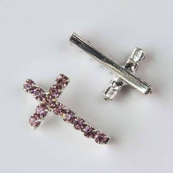 Pave 12x20mm Silver Convex Cross with Pink Crystals