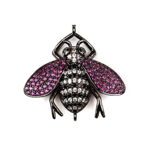 Gun Metal Plated Brass Pave 27x29mm Flying Bug Link with Jet, Pink, and Clear Cubic Zirconias - 1 per bag