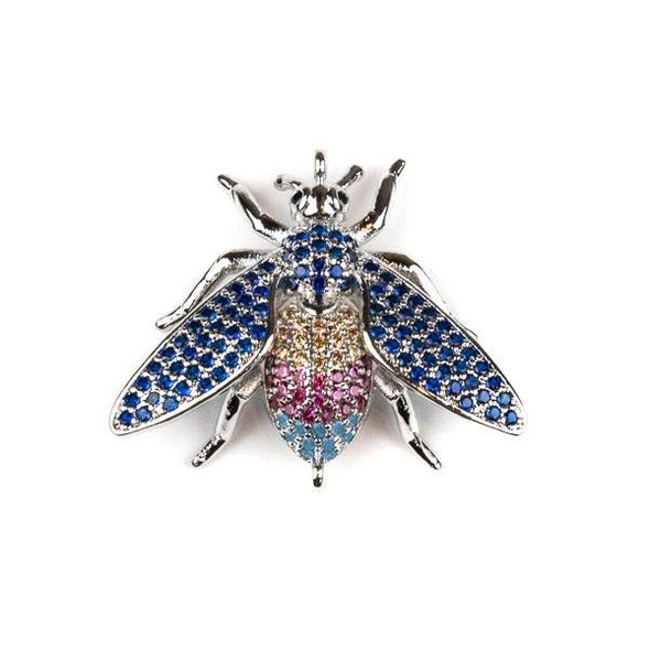 Silver Plated Brass Pave 23x27mm Flying Bug Link with Blue, Pink, and Champagne Cubic Zirconias - 1 per bag