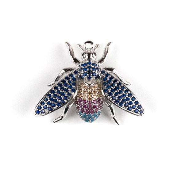 Silver Plated Brass Pave 21x27mm Flying Bug with Blue, Pink, and Champagne Cubic Zirconias - 1 per bag