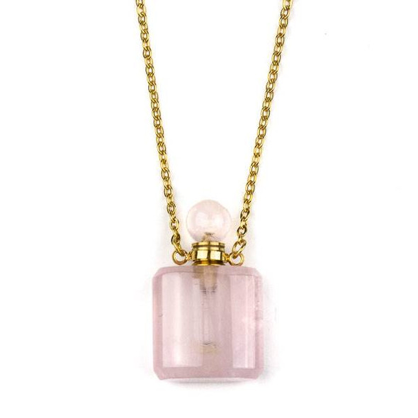 Rose Quartz 19x34mm Rounded Square Perfume Bottle Necklace with Gold Plated Stainless Steel Chain