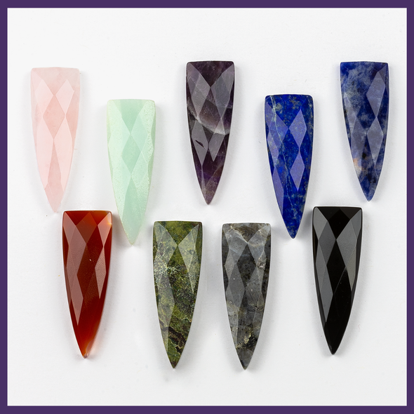 Faceted shield pendants, 16x42mm with side drill, natural gemstone selection from Cherry Tree Beads.