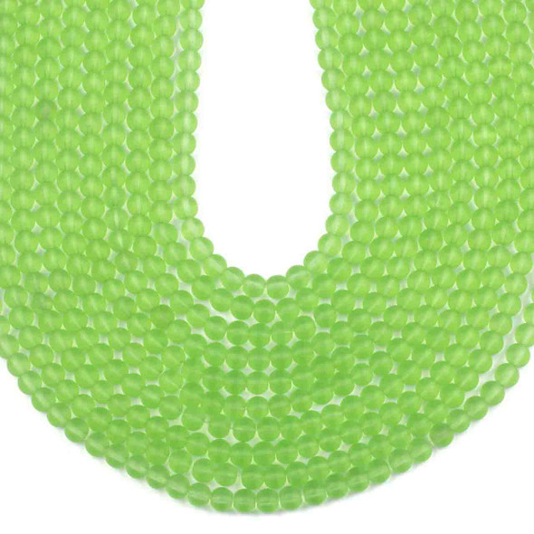 Matte Glass, Sea Glass Style 6mm Peridot Green Round Beads - 16 inch strand