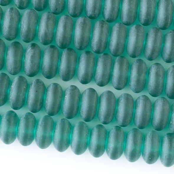 Matte Glass, Sea Glass Style 10mm Peacock Green Rondelle Beads - 16 inch strand