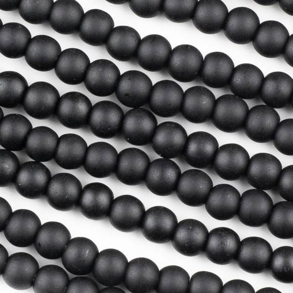 Matte Glass, Sea Glass Style 6mm Black Round Beads - approx. 8 inch strand