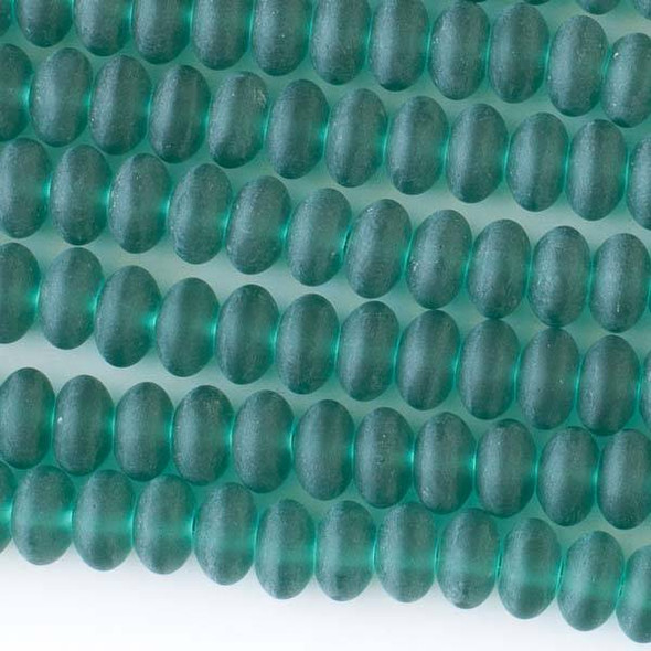 Matte Glass, Sea Glass Style 8mm Peacock Green Rondelle Beads - approx. 8 inch strand