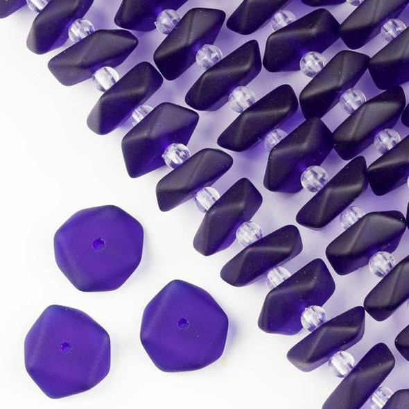 Matte Glass, Sea Glass Style 13-15mm Royal Blue Button Spacer Beads - 6 inch strand