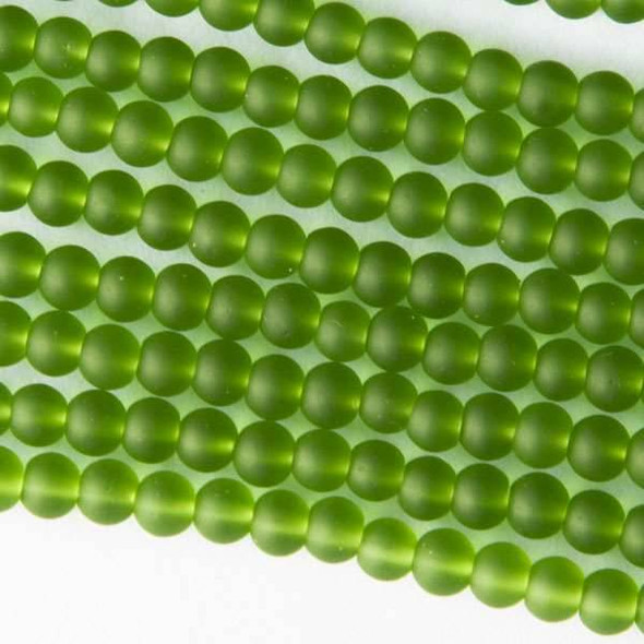 Matte Glass, Sea Glass Style 4mm Emerald Green Round Beads - approx. 8 inch strand