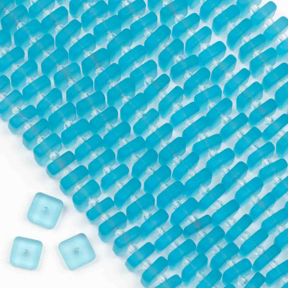 Matte Glass, Sea Glass Style 3mm thick x 8-9mm Light Aqua Blue Square Button Spacer Beads - 8 inch strand