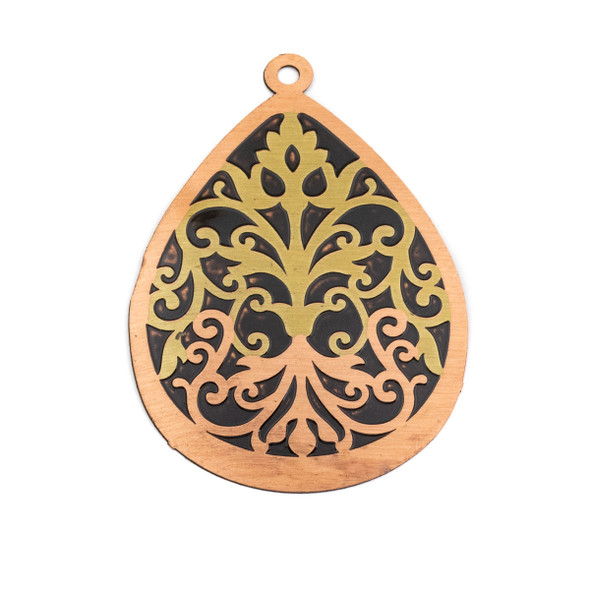 Enameled Brass 37x52mm Teardrop Focal/Finding with Black Background and Victorian Vines - 1 per bag