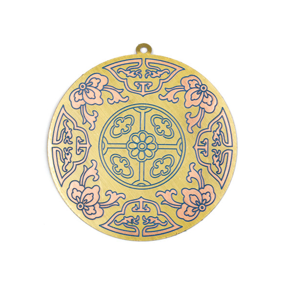 Enameled Brass 47x49mm Coin Focal/Finding with Rose Gold Flowers and Royal Blue Lines - 1 per bag