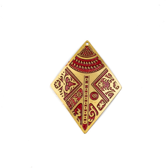 Enameled Brass 28x40mm Diamond Focal with Red Victorian Patterns - 1 per bag