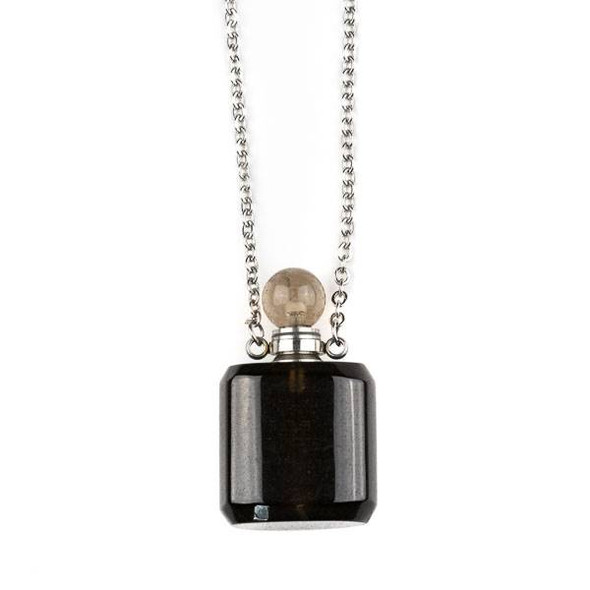 Smoky Quartz 19x34mm Rounded Square Perfume Bottle Necklace with Silver Stainless Steel Chain