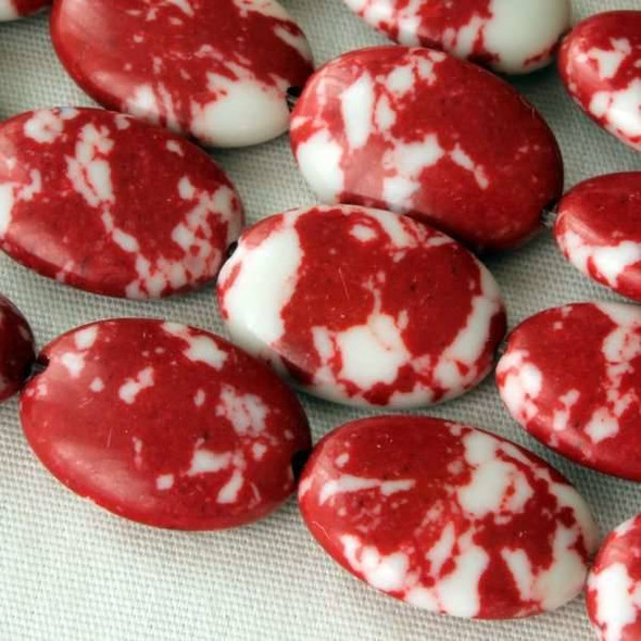 Synthetic Team Color 10x14mm Red and White Oval Beads - approx. 8 inch strand