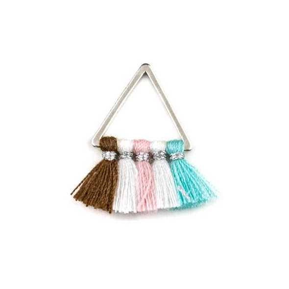 Silver Plated Brass 15mm Triangle Components with Brown, White, Pink, and Turquoise Blue 10mm Nylon Tassels - 2 per bag, tascom-CX-03