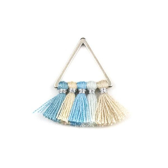 Silver Plated Brass 15mm Triangle Components with Light Blue and Tan 10mm Nylon Tassels - 2 per bag, tascom-CX-04