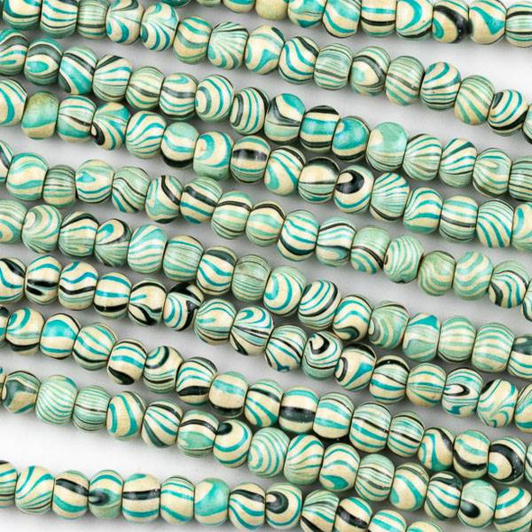 Printed Wood 6mm Swirled Turquoise and Cream Round Beads - 16 inch strand