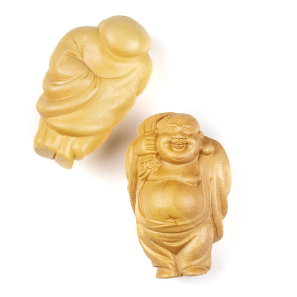 Carved Wood Focal Pendant - 24x40mm Boxwood Top Drilled Standing Laughing Buddha with Sack, 1 per bag