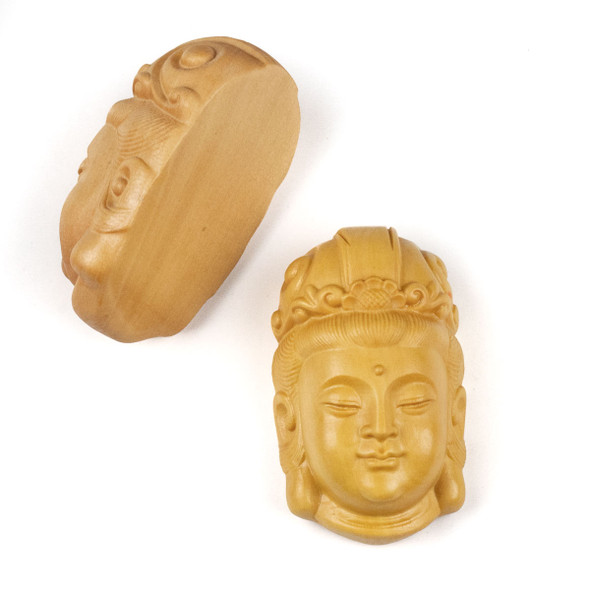 Carved Wood Focal Pendant - 23x37mm Boxwood Top Drilled Kuan Yin with Flower Crown, 1 per bag