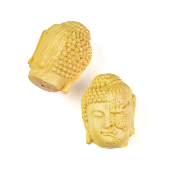 Carved Wood Focal Bead - 22x29mm Boxwood Half Buddha-Half Devil Head, 1 per bag