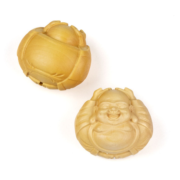 Carved Wood Focal Bead - 27x30mm Boxwood Laughing Buddha with Raised Arms, 1 per bag