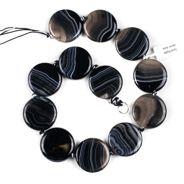 Black and White Banded Agate/Sardonyx 30mm Coin Beads - 16 inch knotted strand