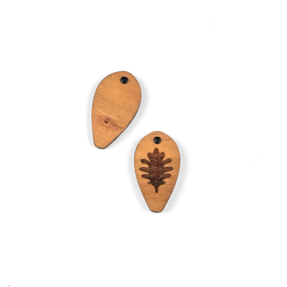 Handmade Wooden 12x22mm Oak Leaf Dew Drop Focal - 1 per bag