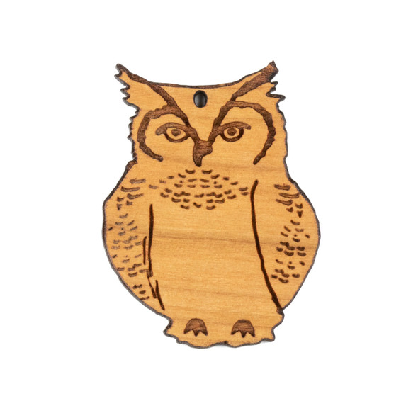 Handmade Wooden 34x44mm Light Great Horned Owl Pendant -  1 per bag