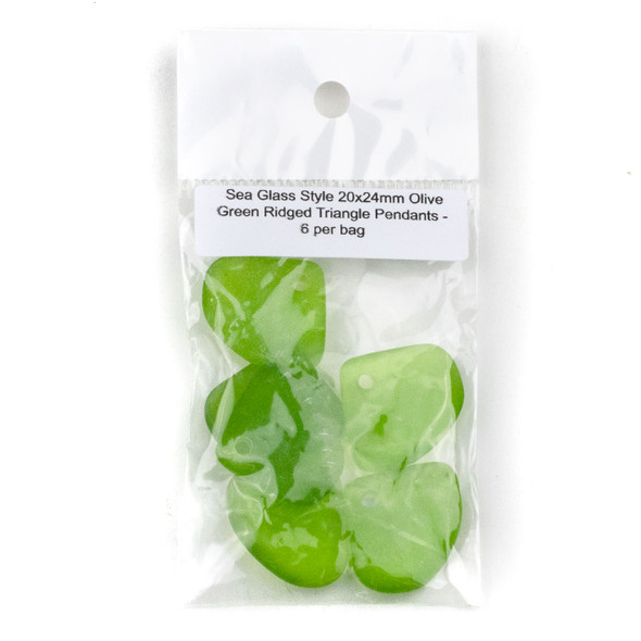 Matte Glass, Sea Glass Style 20x24mm Olive Green Ridged Triangle Pendants - 6 per bag