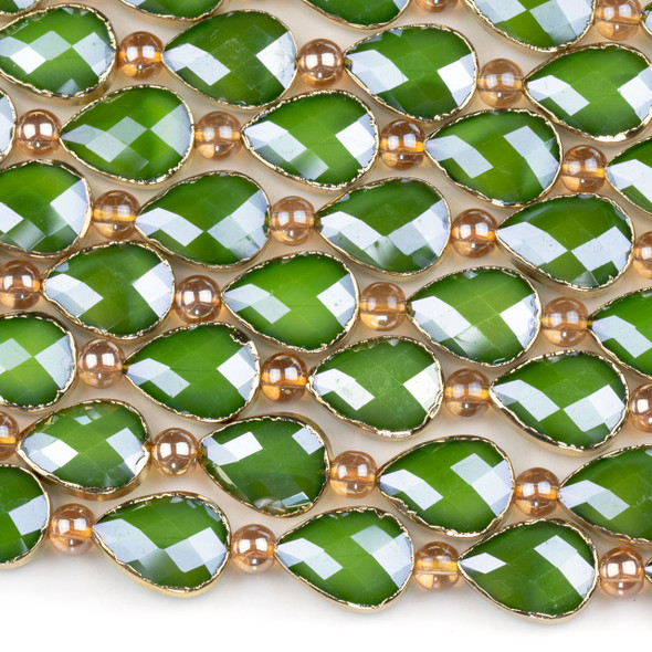 Crystal 13x18mm Opaque Green Faceted Teardrop Beads with Golden Foil Edges - 9 inch strand