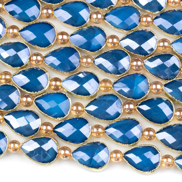 Crystal 13x18mm Opaque Navy Blue Faceted Teardrop Beads with Golden Foil Edges - 9 inch strand